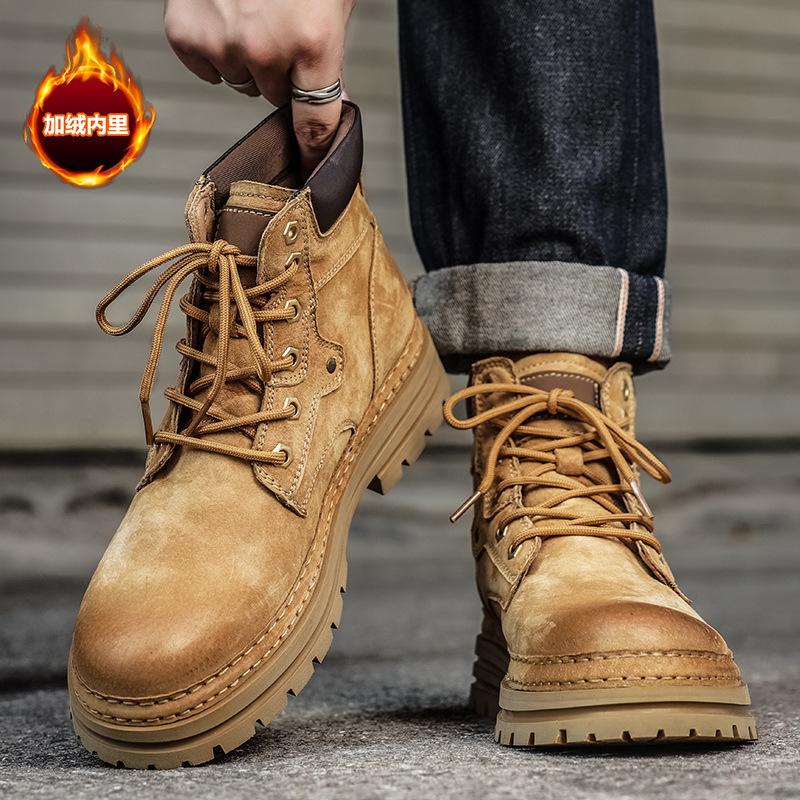 Martin Boots Autumn British Style Retro American Rhubarb Boots Sports Thick-soled High-top Leather Boots with Velvet