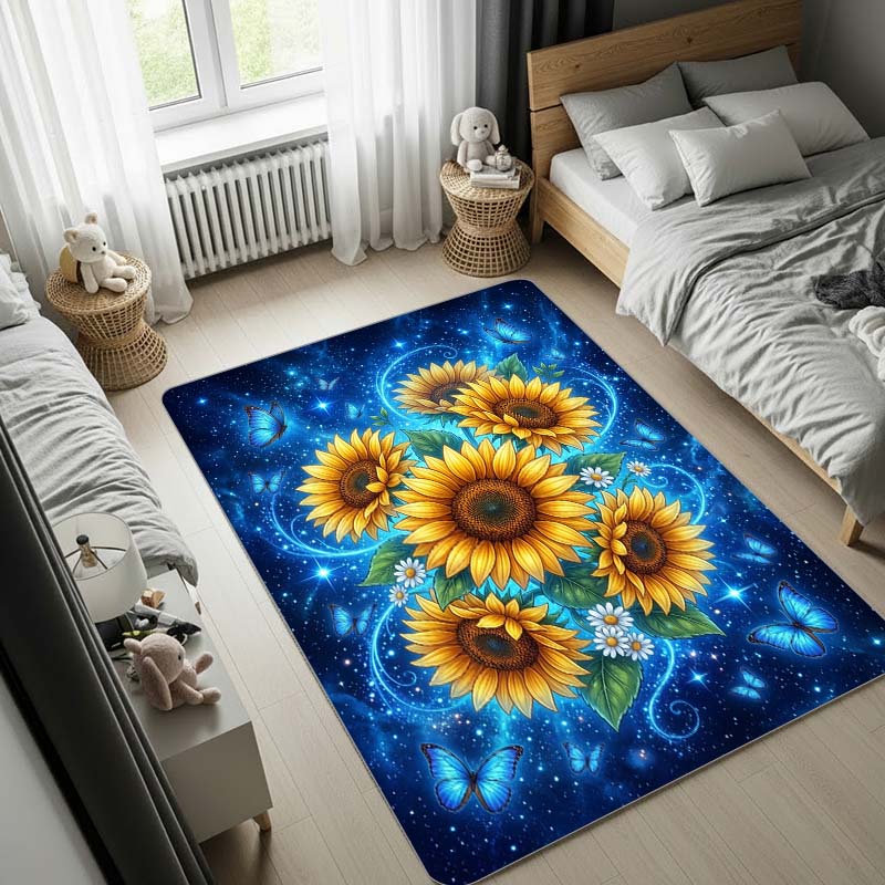 Sunflower Area Rug with Blue Stardust and Butterflies, Magical Galaxy Large Carpet for Bedroom Living Room Home Decor, Soft Floor Mat