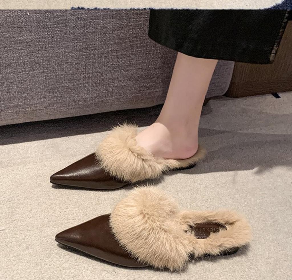 New Warm Winter Real Rabbit Fur Plush Women Slippers Fashion Pointed Flat Mules Shoes Lady Luxury Mujer Indoor Slides