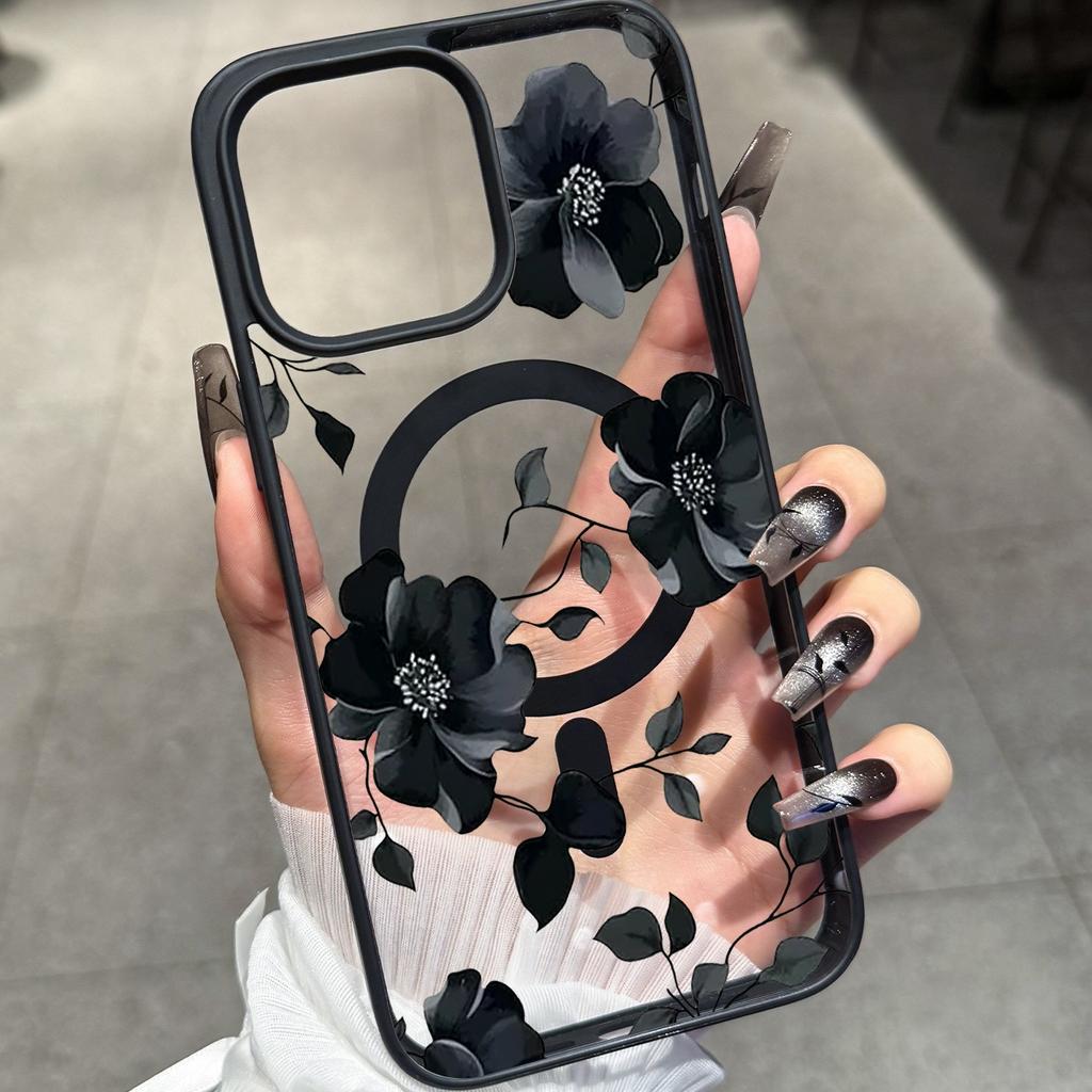 Black Floral Pattern Transparent Magnetic Wireless Charging Phone Case For iPhone 17 16 15 Pro Max 14 Plus 13 12 11 17E 17 Cover