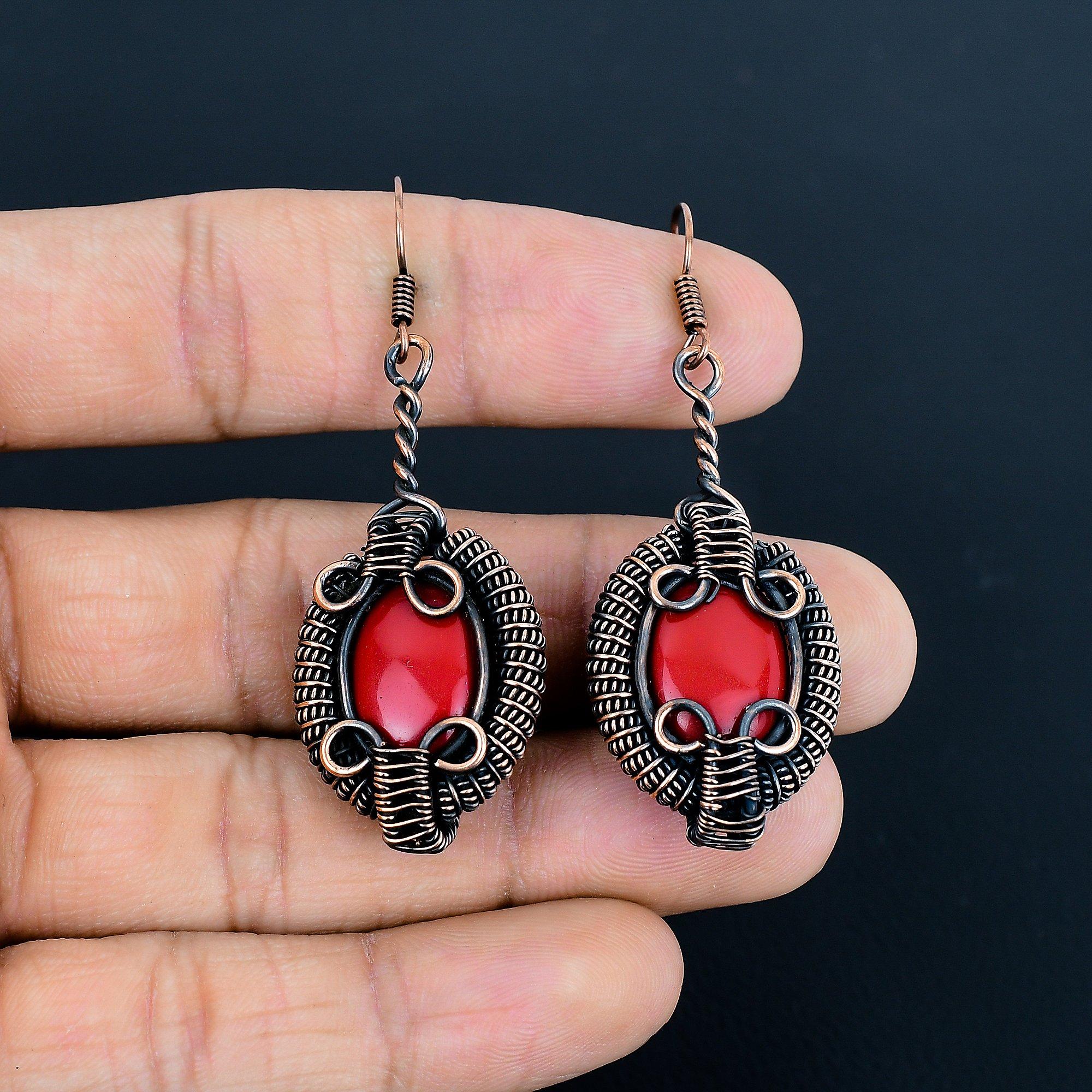 

Серьги из красного коралла ручной работы, обернутые медной проволокой 999 пробы, антикварные украшения, для подарка на помолвку 2.55 Inches красный