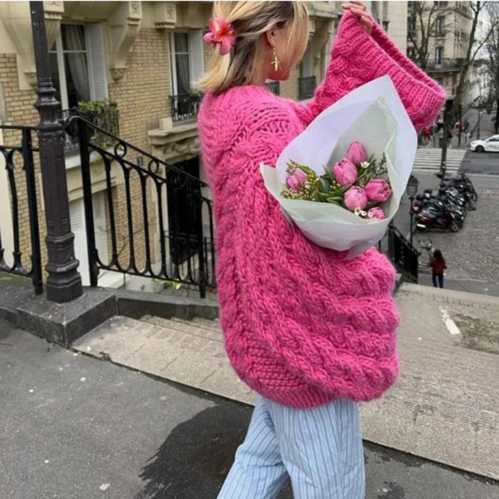 Oversize Knit Pullover Women Casual Lazy Round Neck Kink Solid Sweater Female 2024 Autumn Winter Loose Sleeves Knitwear Lady