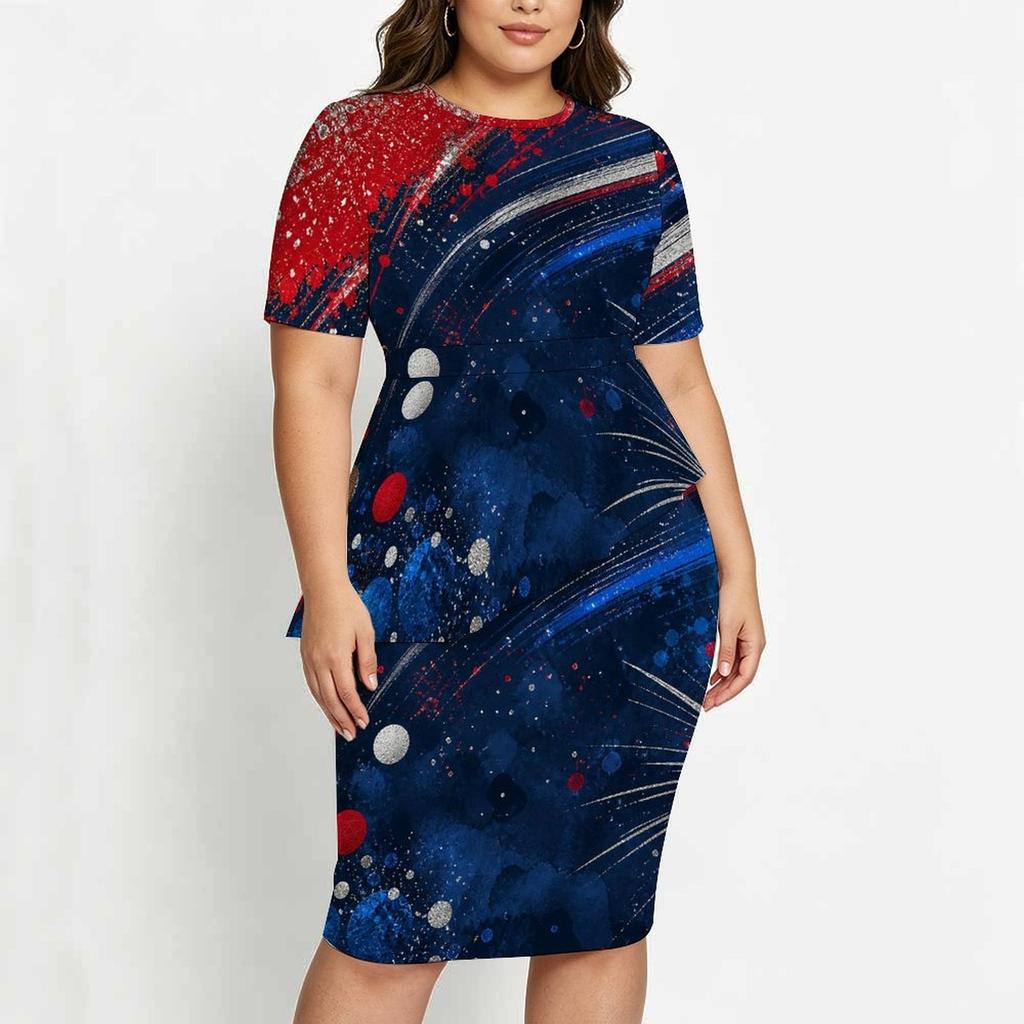 Women Plus Size Two Piece Skirt Set Round Neck Short Sleeve Printed Asymmetric Top Fitted Skirt Red Blue White