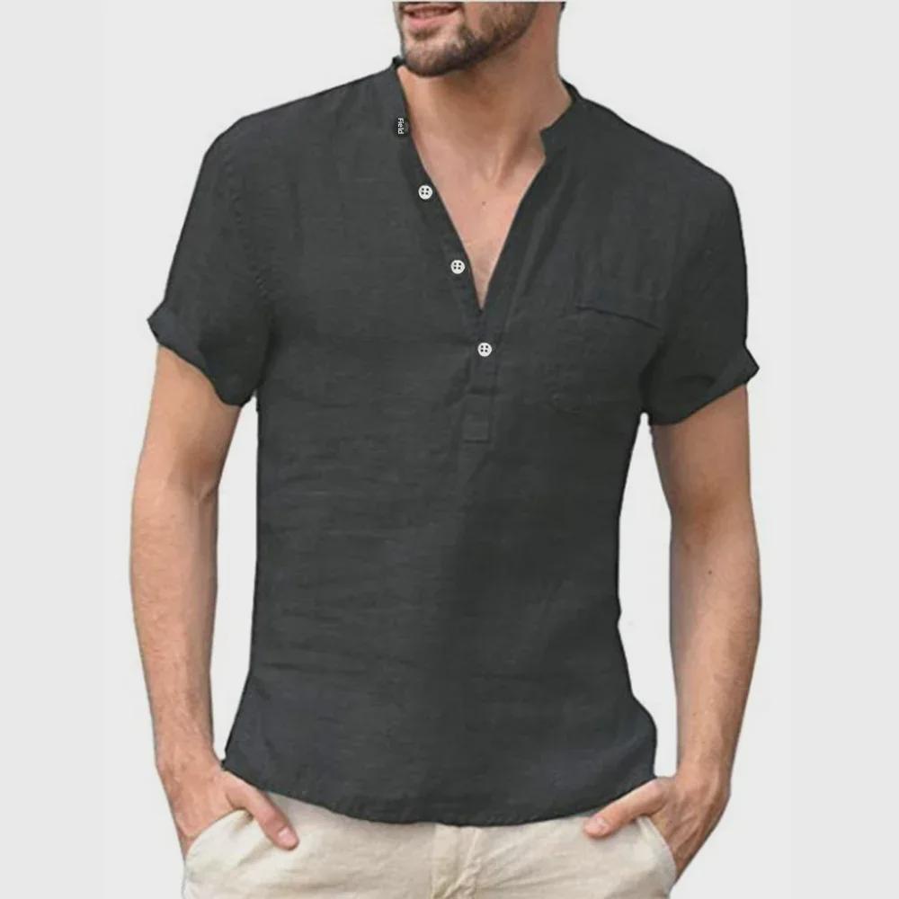 European and American Summer Men's Solid Color Short-Sleeve Stand Collar Casual Shirt for Teens, Large Size