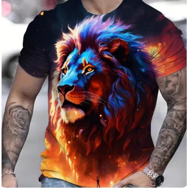 Summer Casual Men's Clothing Oversized Loose Lion Pattern Printed Short Sleeved Round Neck Fitness T-shirts