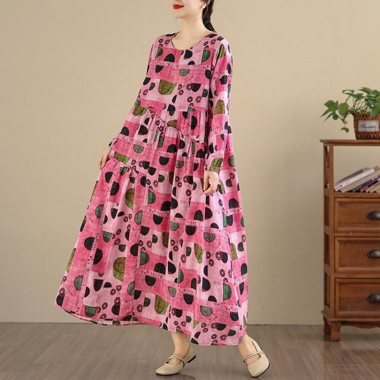 New Vintage Floral Maxi Dress Women Plus Size Oversize Long Sleeve Loose Basic Spring Long Dress