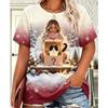 Women Christmas Shiba Inu Puppy T‑Shirt, Girl Playing Snow Winter Xmas Graphic Casual Short Sleeve Tee Holiday Daily Outfit