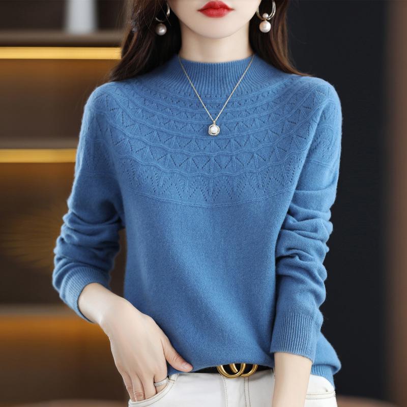 Women's 100% Wool Slimming Cashmere Knit Sweater - Half High Neck, Seamless, Hollow Out Design for Autumn/Winter