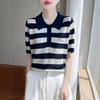 Embroidered Wide Striped Lapel Knitted Short-sleeved Base Shirt A New Summer Top