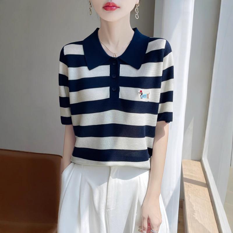 Embroidered Wide Striped Lapel Knitted Short-sleeved Base Shirt A New Summer Top
