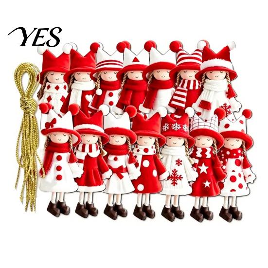 Traditional Wooden Xmas Tree Ornaments Girl Christmas Ornaments, 2D Flat Red White Hanging Rustic Holiday Figure Decoration for Tree, Mantel,