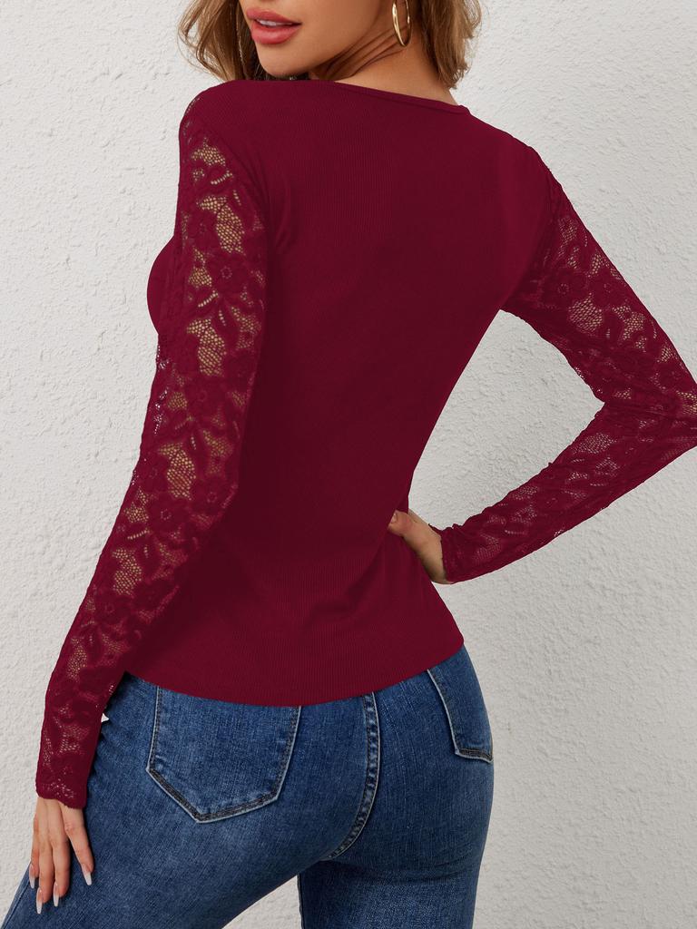 Damen Spitze Einsatz V-Ausschnitt Figurbetont Langarm Freizeit T-Shirt Top