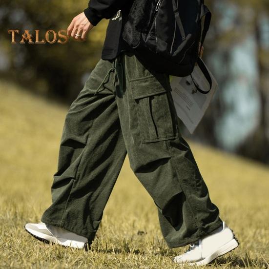 Pánské cargo kalhoty volné, jednobarevné, vintage styl, manšestr, high street styl, rovné, široké nohavice, více kapes, streetwear, outdoorové cestovní kalhoty