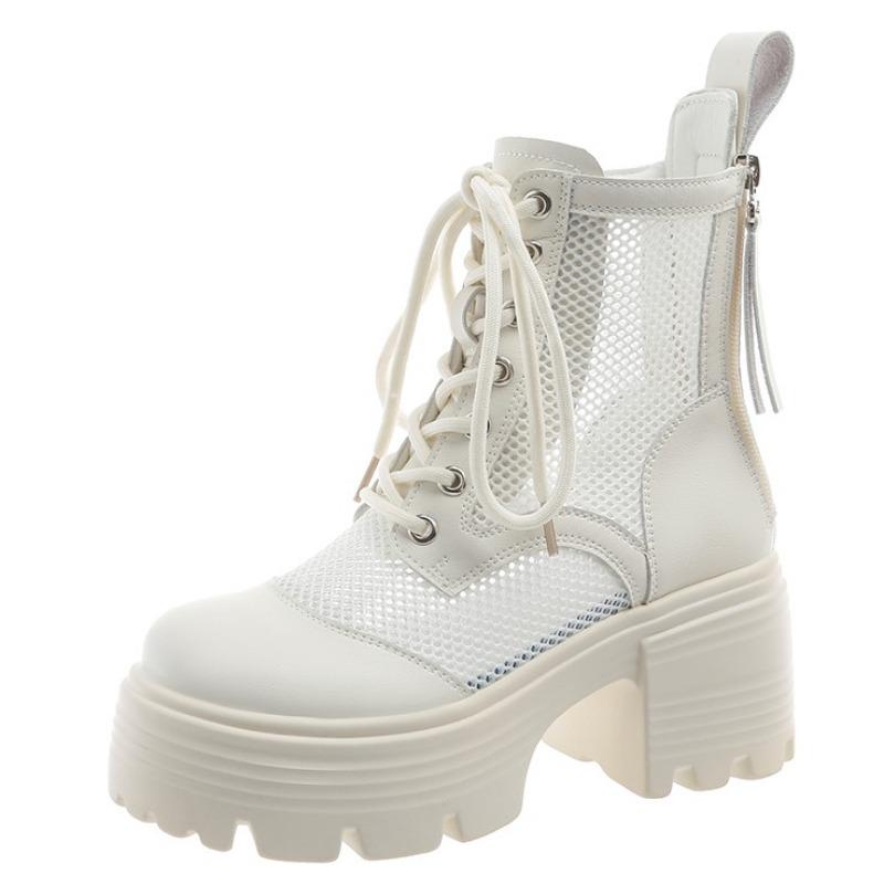 Fashion Summer New Sandals Boots Women Hollow Outs Net Boots Black Increasing Height Shoes pu Leather Sandals Breathable 8cm High Heels