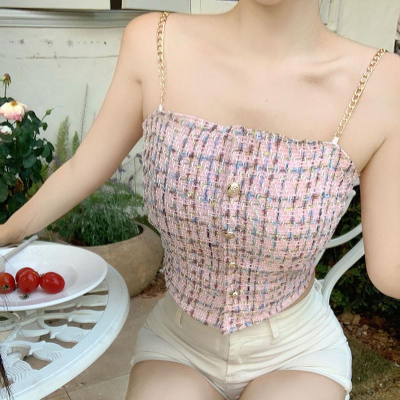 

Женский укороченный топ с цепочкой на плечах, клетчатый тонкий жилет на подтяжках с накладкой на груди One Size