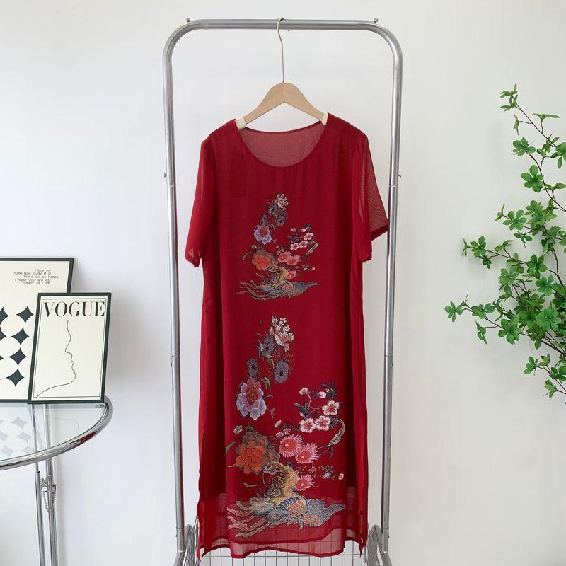 Spring and Summer New Arrival Mother Skirt Young Fake Two-Piece Dress Female Loose-Fitting Chinese Style Festive Half Sleeve Dress