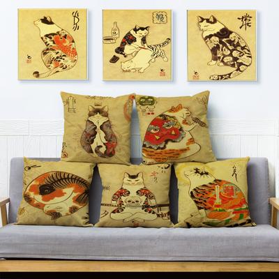 Vintage Japanese Samurai Cat Tattoo Cushion Cover Decor Retro Animal Pillowcase For Sofa Home Car Polyester Pillow Case 45X45Cm