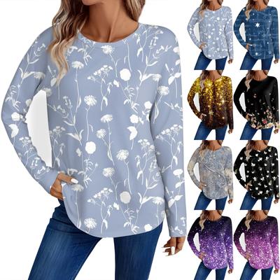 Women's Fashion Casual Long Sleeve Floral Print Round Neck Top