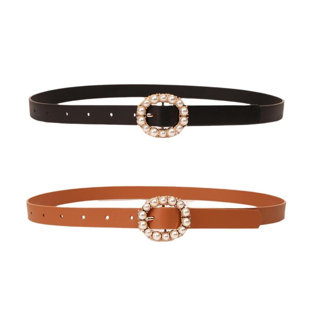 Elegant Women's Two-Piece Leather Waist Belt Set with Pearl Buckle