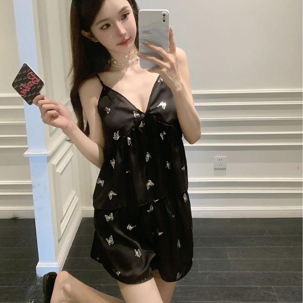 Ice silk pajamas ladies girlish suspender shorts sexy pajamas with chest pads fashionable hot stamping pure desire loungewear sweet