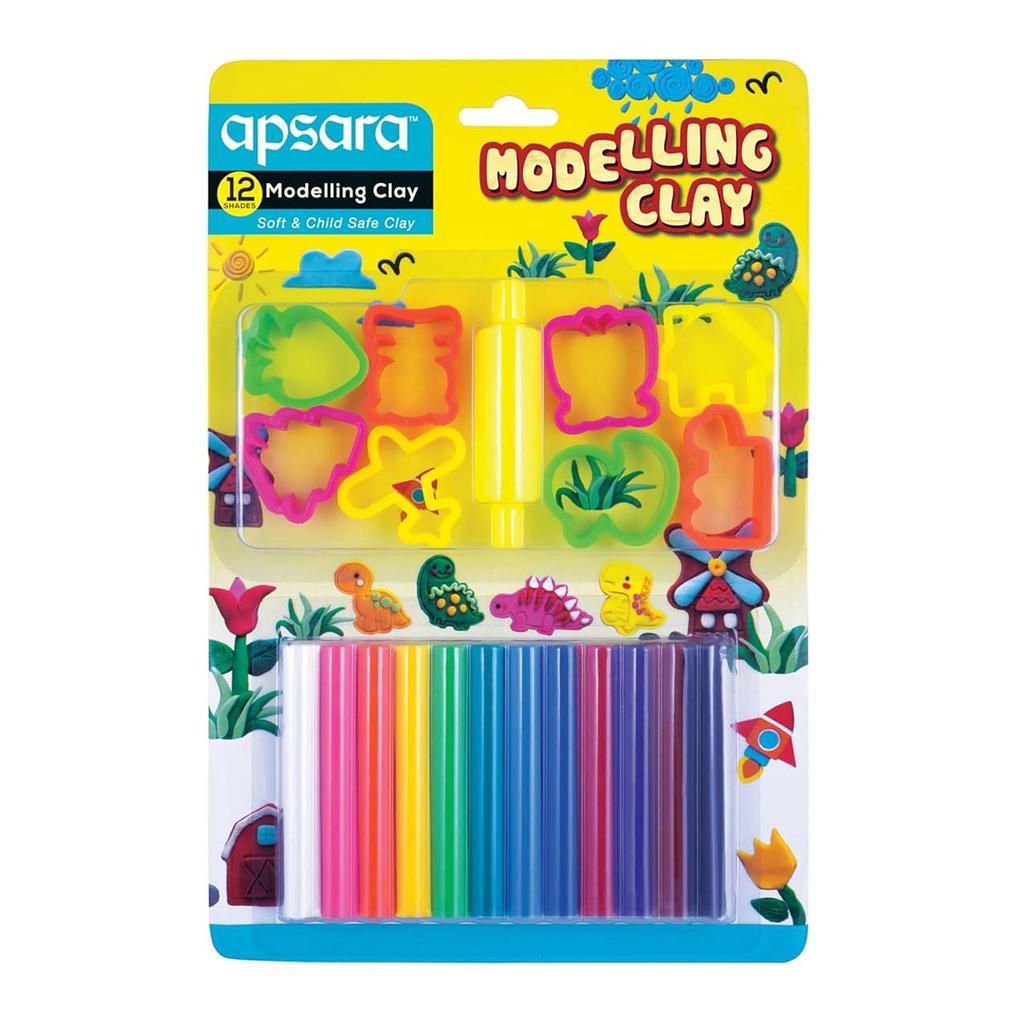 Apsara Non-Toxic Super Soft 12 Shades Modelling Clay Multicolour Pack of 1 with 8 Moulds and Roller for Kids Art Craft