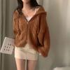 Autumn and Winter Korean Version Lazy Style Loose Fried Dough Twists Double Zip Hooded Long Sleeve Knitting Sweater Cardigan Coat Women