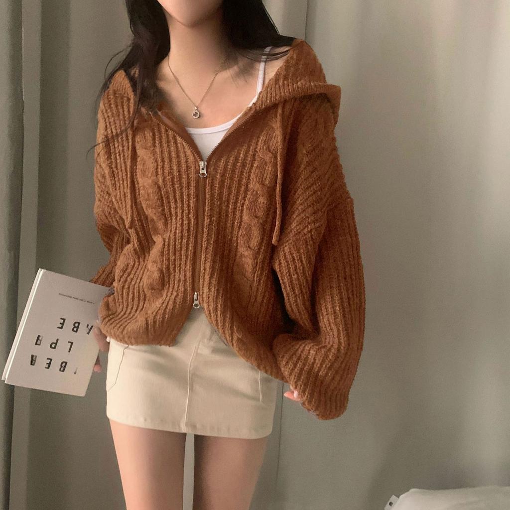 Autumn and Winter Korean Version Lazy Style Loose Fried Dough Twists Double Zip Hooded Long Sleeve Knitting Sweater Cardigan Coat Women