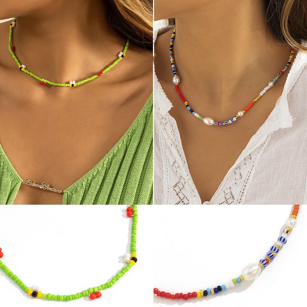 Accessories, Creative Contrasting Color Rice Bead Beaded Necklace Women, Simple Geometric Imitation Pearl Single-Layer Item Decoration