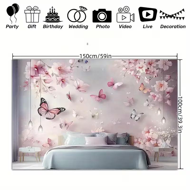 2D Romantic Cherry Blossom & Butterfly Tapestry Living Room Background Cloth