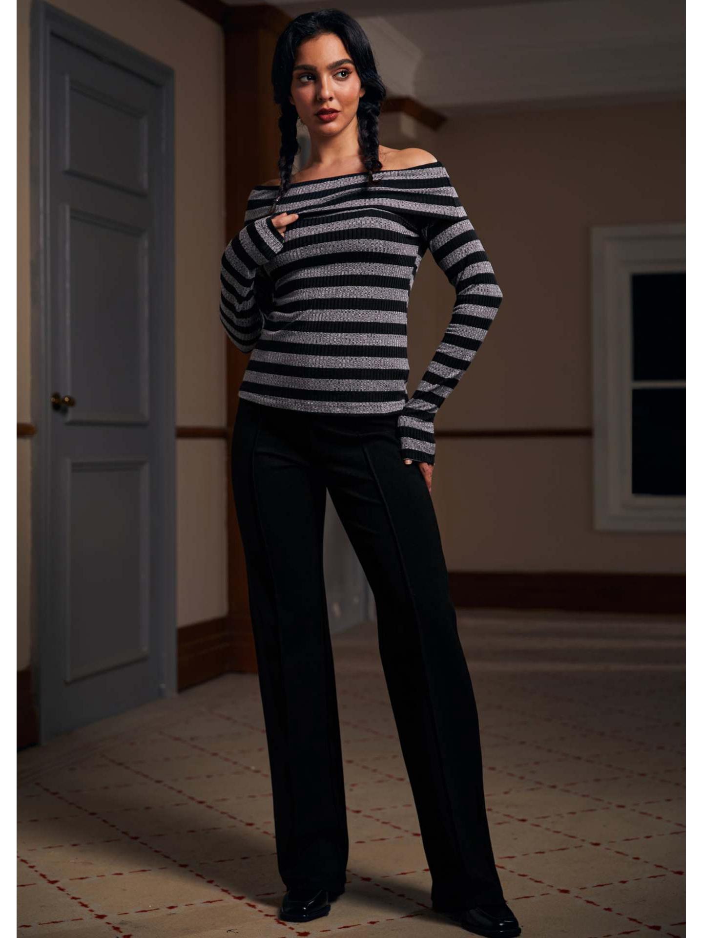 

Women s European & American Color Block One-Shoulder Striped Slim Fit Long Sleeve T-Shirt Medium