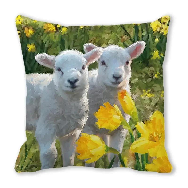 Home Decor Spring/Summer Pillowcase Animal Cat Dog Duck Sheep Print Cushion Cover Sofa Polyester  Funda De Almohada