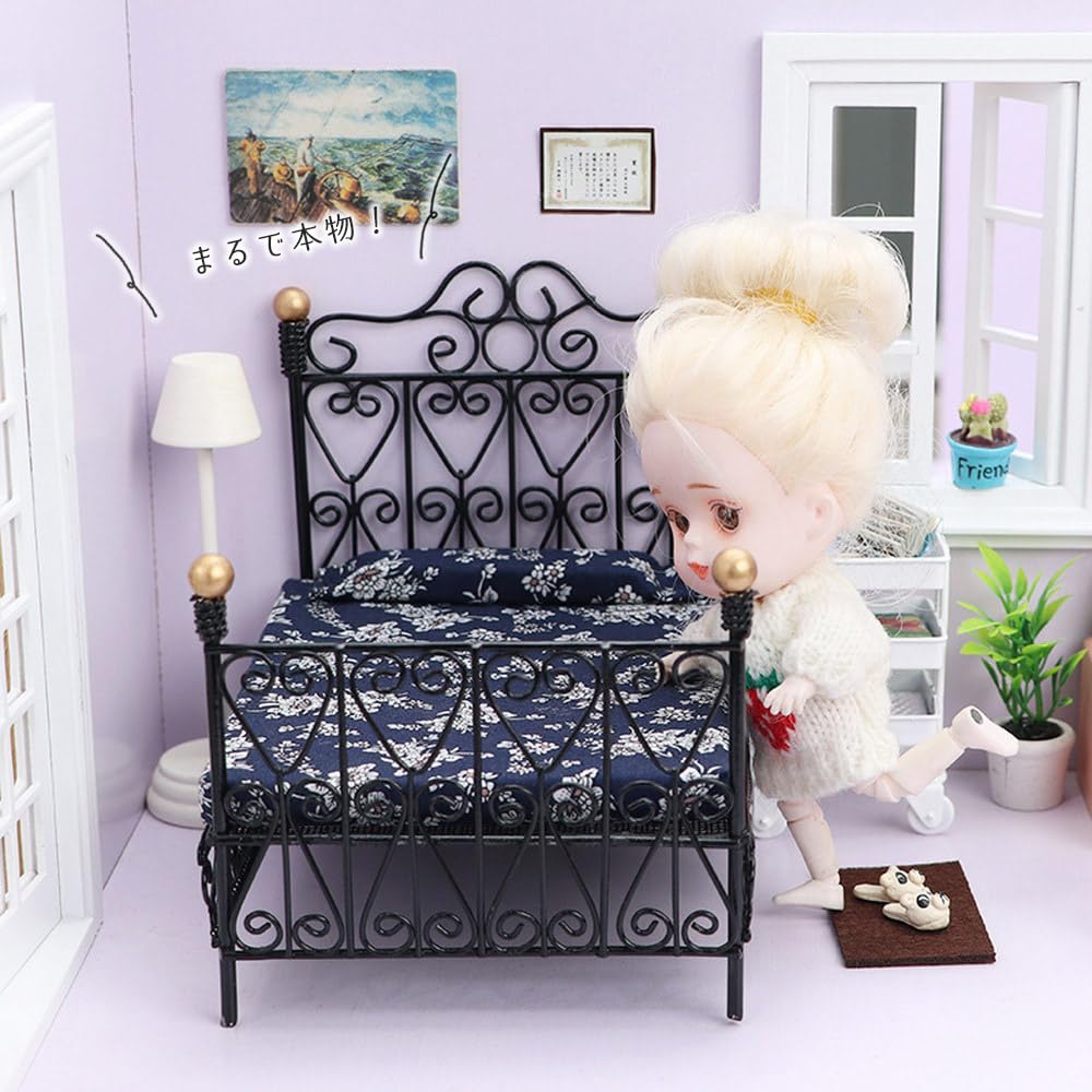 moin moin miniature furniture dollhouse bed frame futon gothic black gold floral blue navy flower antique retro 2311mini35 1/12 112 (with & pillow)