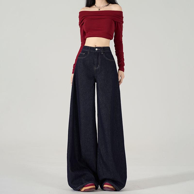 2024 Spring/Autumn Women's Retro High-Waisted Dark Blue Wide-Leg Jeans
