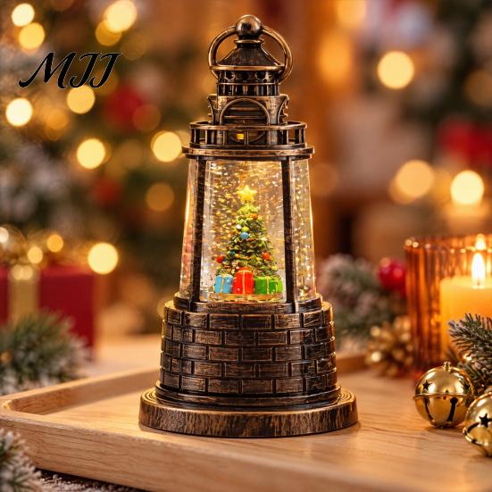 Sparkling Snowflake Christmas Gift Lighthouse Snow Lantern, Musical Lighted Ball Swirling Battery Powered Snowing Lantern Glitter Water for
