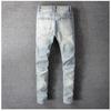 ZYLLO Men Crystal Holes Ripped Patchwork Jeans Streetwear Light Blue Denim Slim Skinny Pencil Pants Trousers