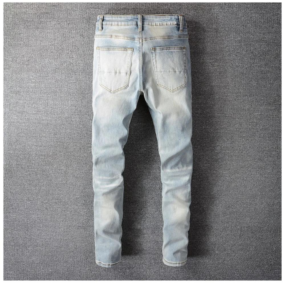 ZYLLO Pánské křišťálové dírkované roztrhané patchworkové džíny Streetwear Světle modrá džínovina Úzké slim džíny tužkového střihu Kalhoty
