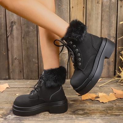 WinterHigh Quality Women's Shoes Solid Color Round Toe High Heel Lace Up Short Leg Women's Fashion Boots
