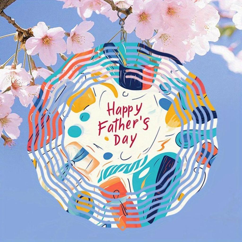 Open - 2D Mandala Wind Chime Happy Father's Day Pattern Metal Windmill, Dynamic Sculpture for Garden and Patio Hanging Decor, Durable Outdoor Artwork