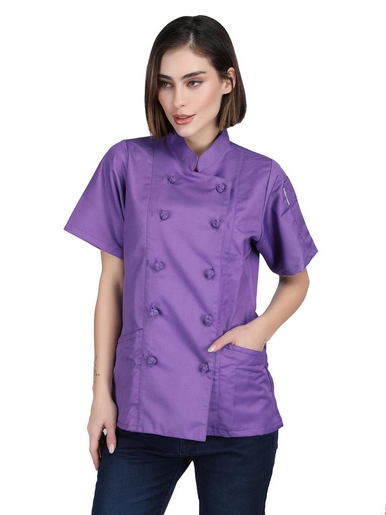 Womens Short Sleeve Chef Coat, Custom Embroidered Culinary Jacket, Knotted Cloth Buttons, Flattering Fit Uniform, Kitchen Gift