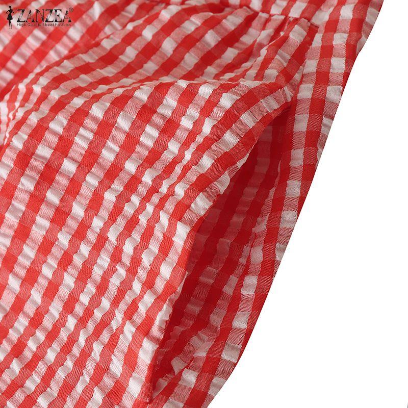 ZANZEA Women Casual V-Neck Summer Short Sleeve Plaid Print Dress