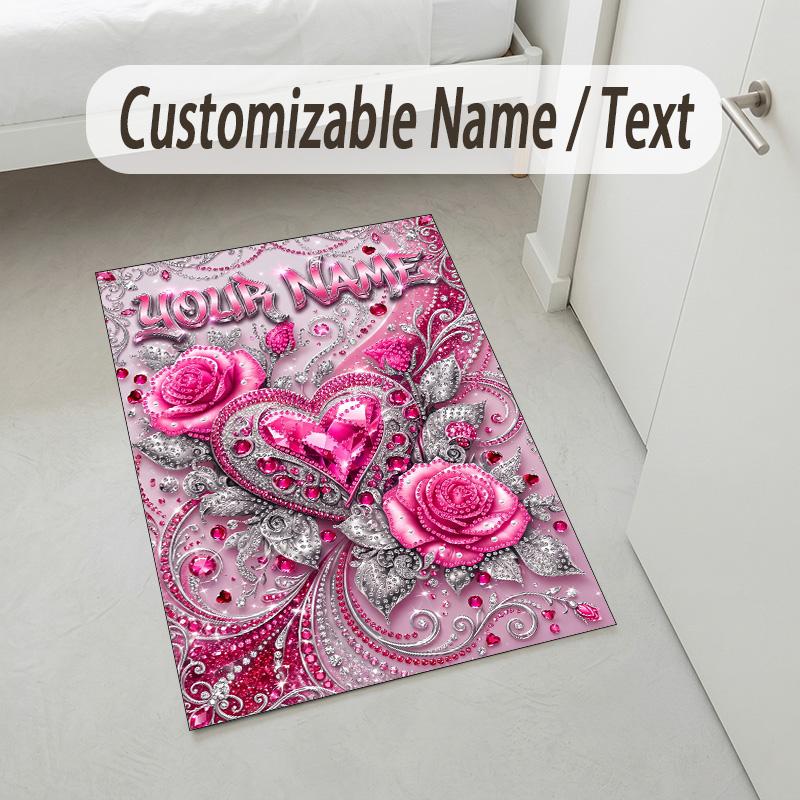 Floral Garden Theme Crystal Velvet Rug Personalized Custom Name Text Soft Floor Mat Home Decor