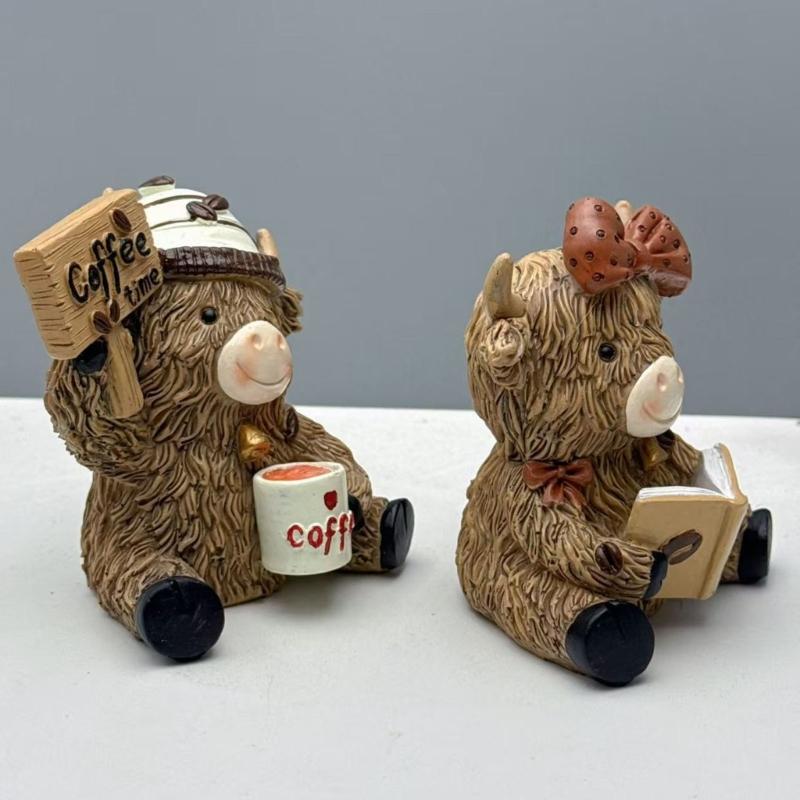 Coffee Highlands Cow Figurines Farmhouse Decors,Resins Animal Statue Table Ornament Garden Bookshelfs Decors Calf Lover