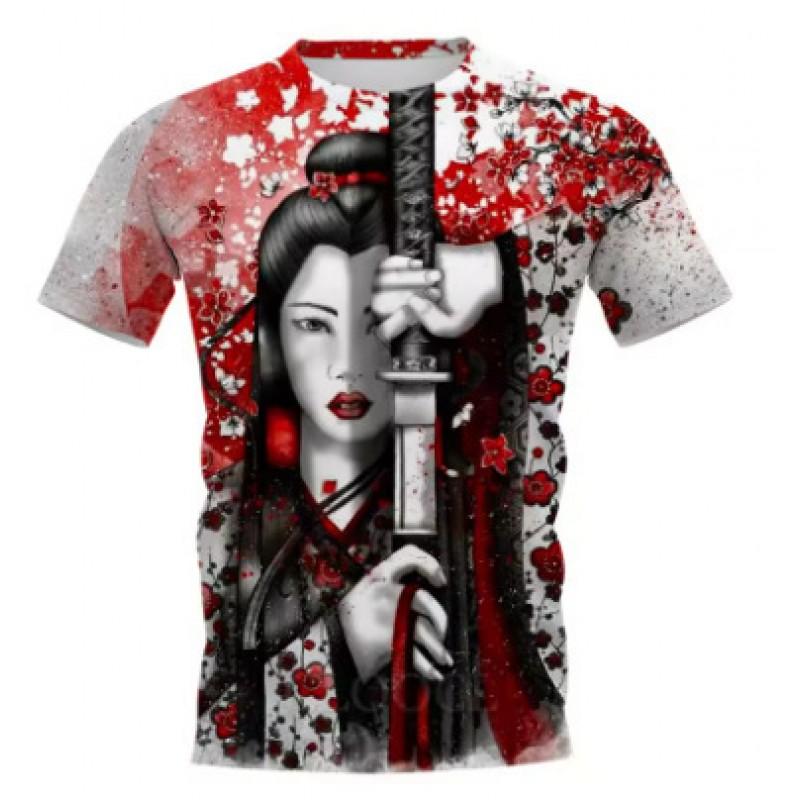 Mens Short Sleeve T-Shirt With 3D Samurai Graphic Print Breathable Cotton Blend Streetwear Style