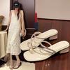 Fashion pearl one-word with set toe casual women's shoes 2025 summer new thick heel outer wear cool slippers 2025 direct sales