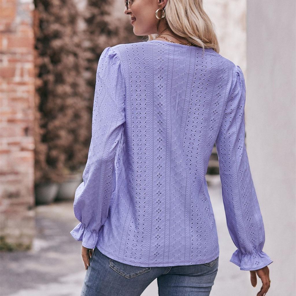 HNXC Blusas y camisas con cuello en V de manga larga con estampado de Color sólido informal a la moda para mujer