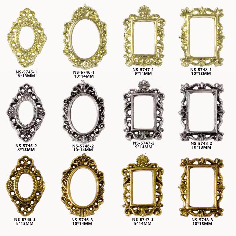 Retro Alloy Nail Art: 3D Carved Oval & Square Photo Frame Decorations