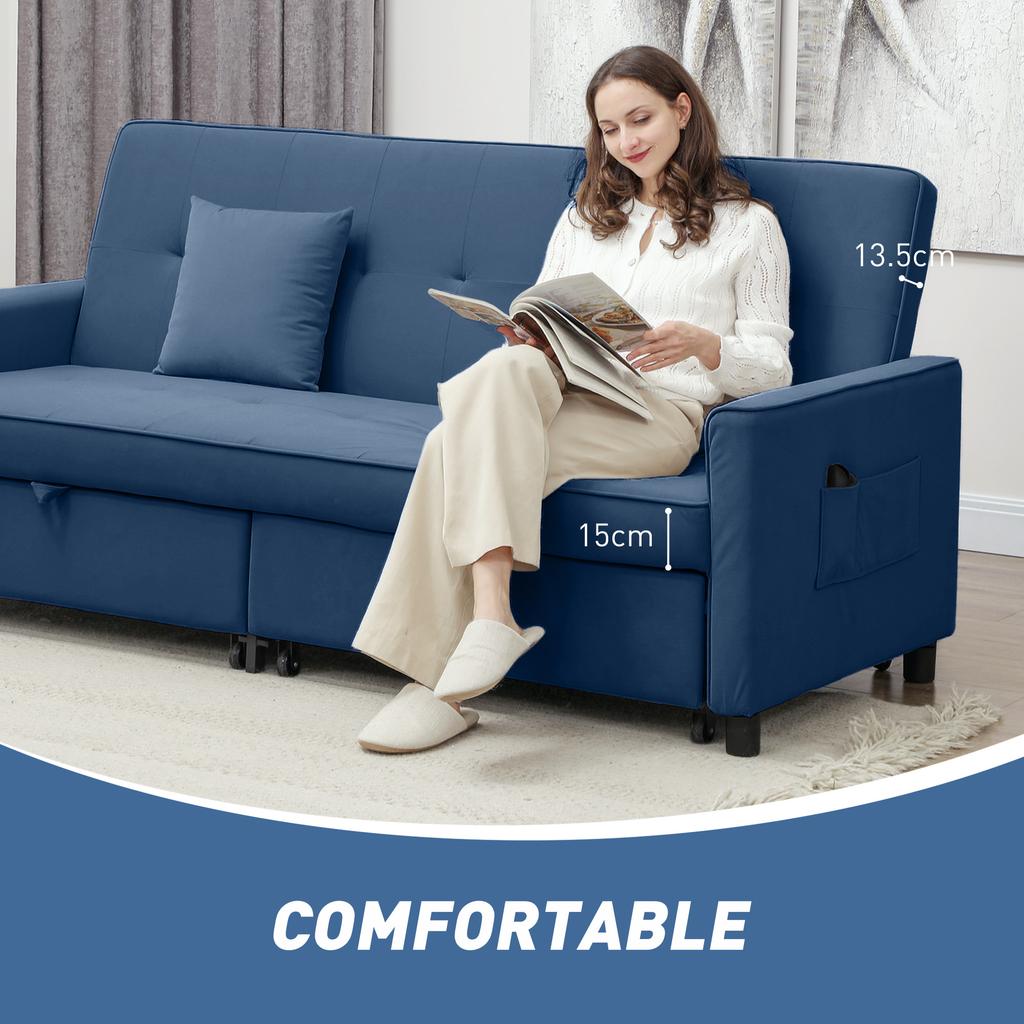 Three Person Velvet Feel Sofa Bed Blue