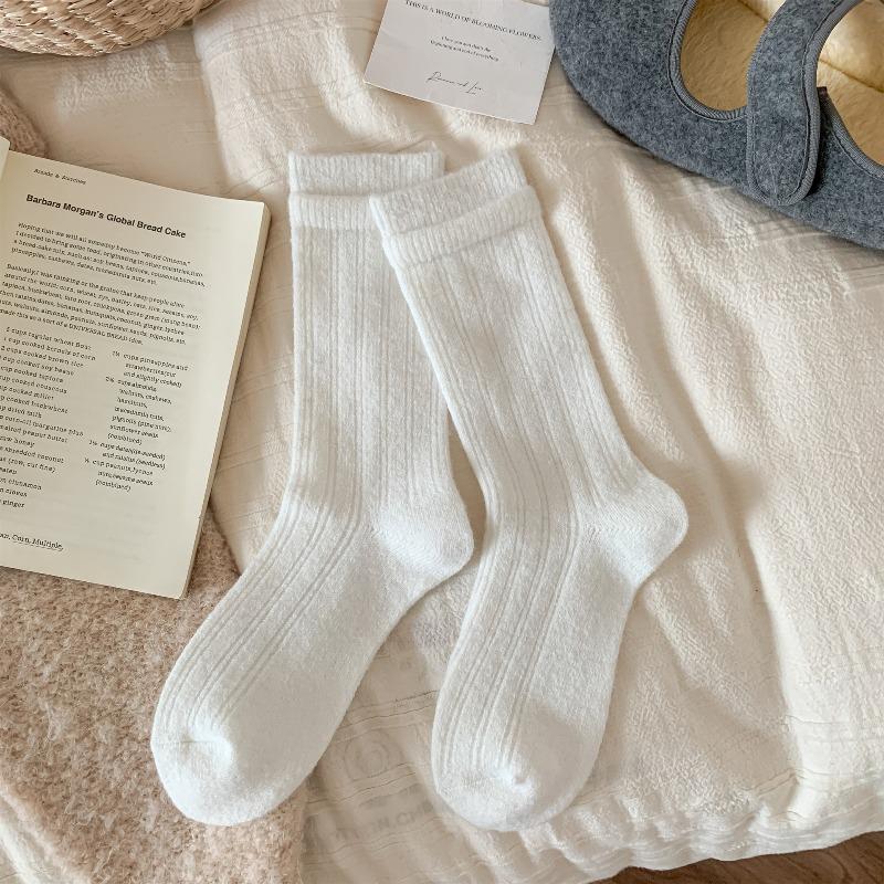 Simple and Versatile Wool Socks for Autumn and Winter, Boneless Socks, Mid-calf Socks, Color-blocked Double-screw Pile Socks