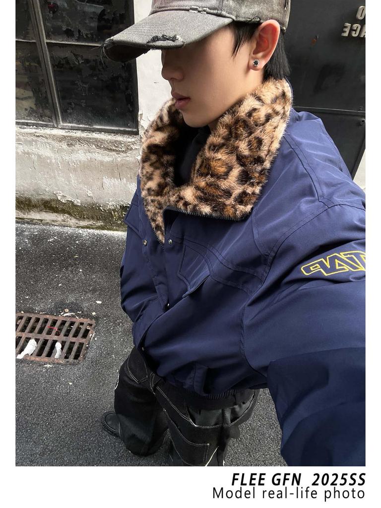 Winter 2026 American Street Style Loose Leopard Print Lapel Jacket with Fur Collar and Fleece Lining