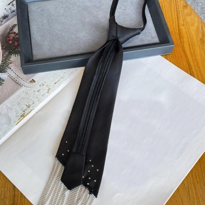 Imitation Pearls Accent Necktie Adjsutable Strap Closure Swing Tassels Decoration Business Casual Fashion Accessories
